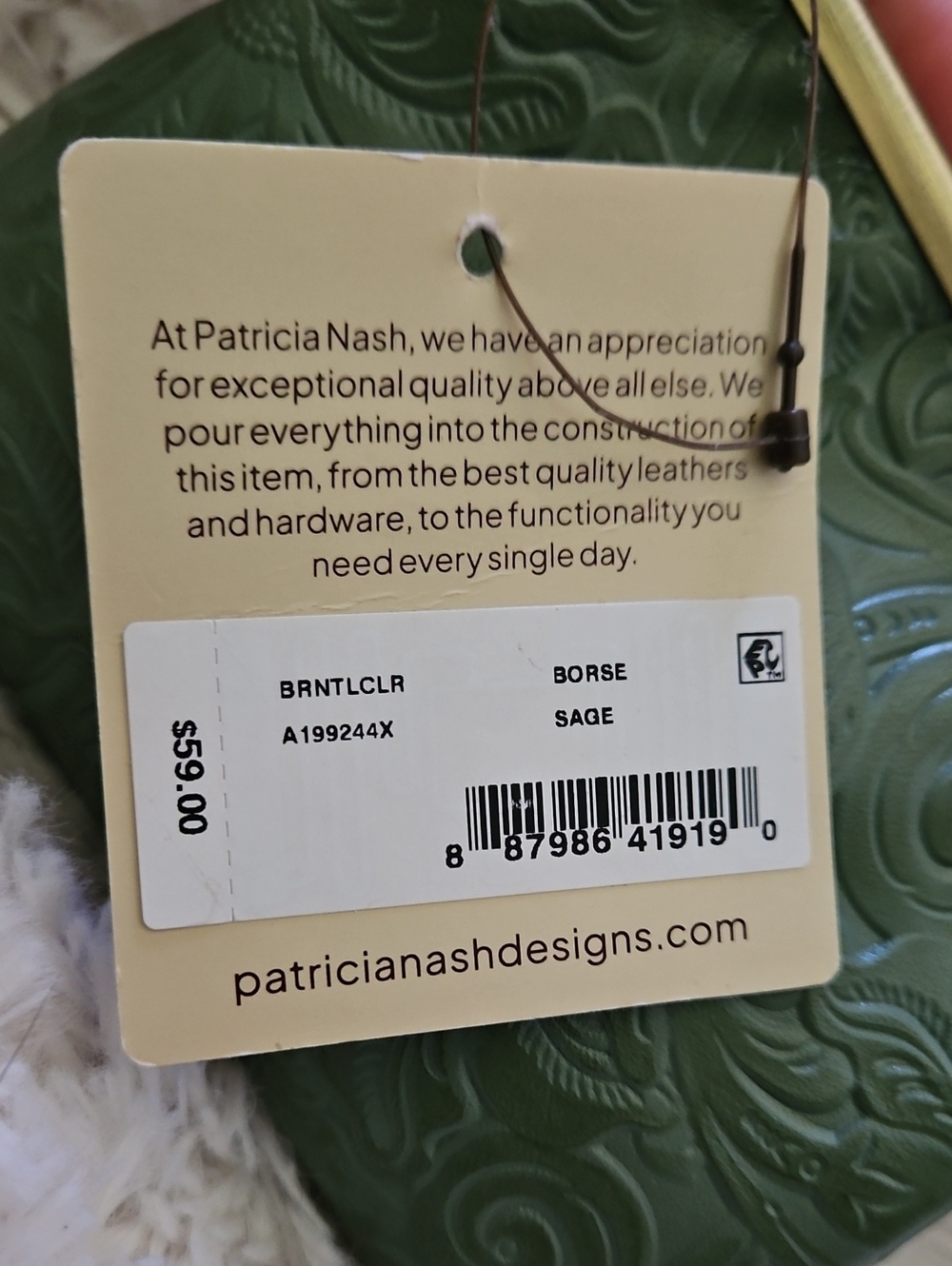 Patricia Nash Borse Burnished Tooled Leather Coin Purse Keychain Sage Green - Picture 7 of 7